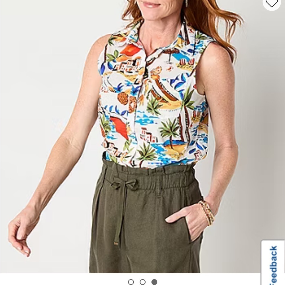 Sleeveless Button Up Collared Tropical Collared Cotton Size XXL Vacation